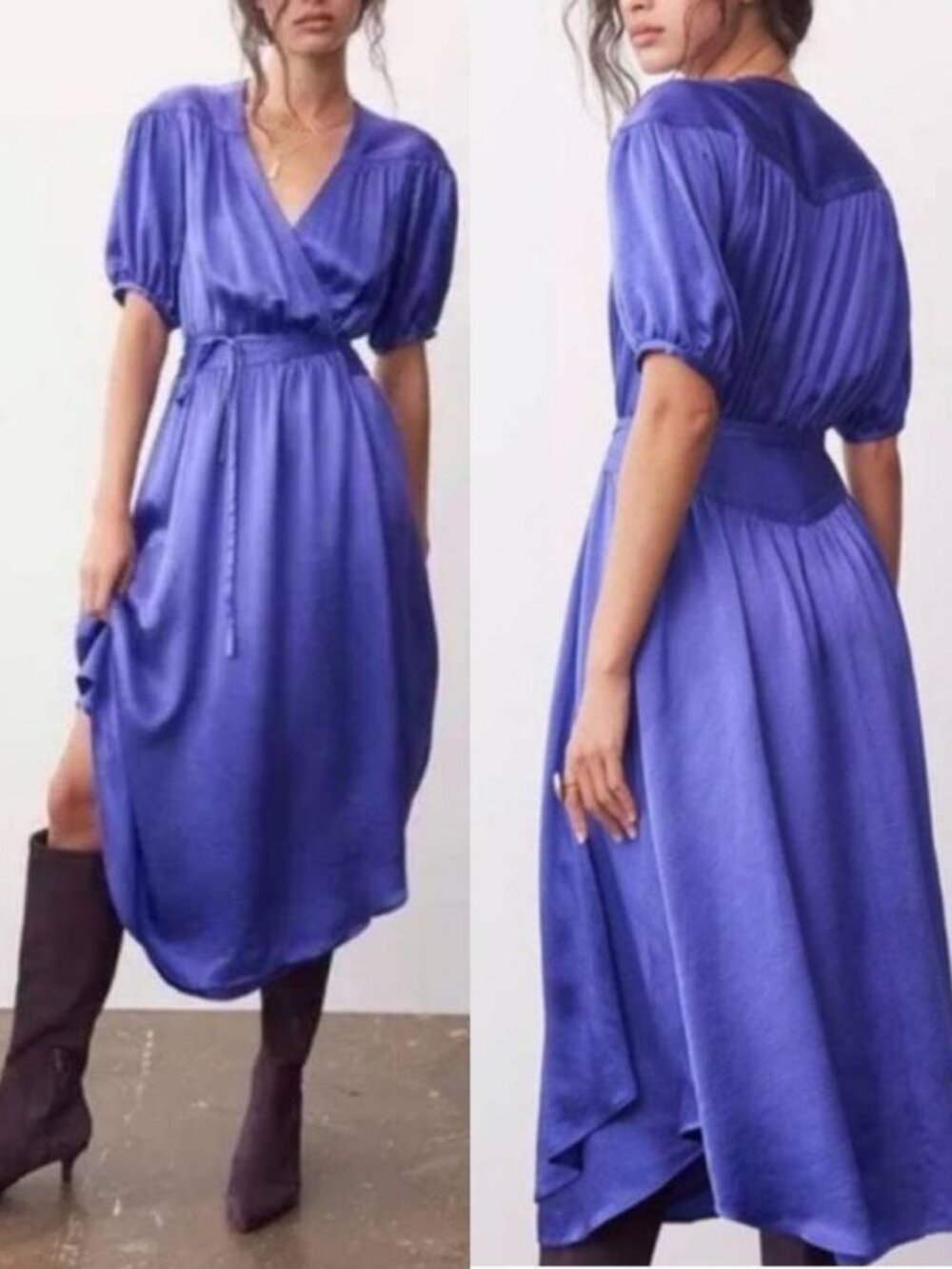 Anthropologie Maeve Katrina Wrap Midi Dress purple textured satin puff sleeve M